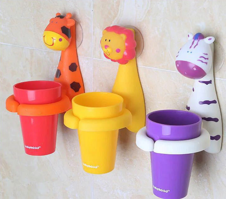 Kids Rinse Cup with Wall-Mounted Animal Holder