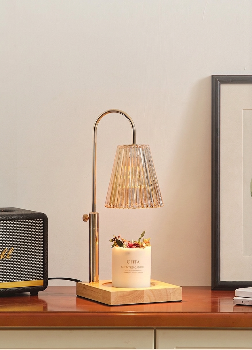 Pleated Glass Candle Warmer Lamp on wooden side table