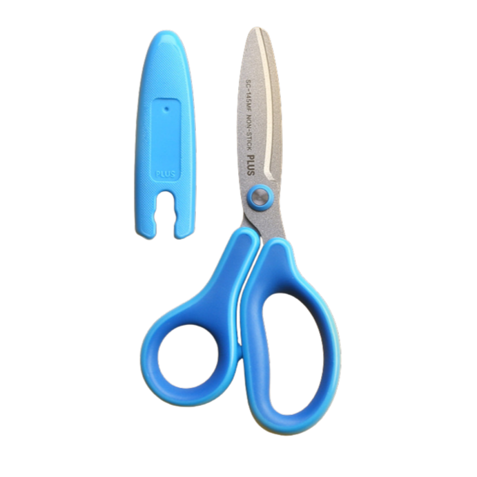 Blue-handled scissors with a blue sheath on a white background