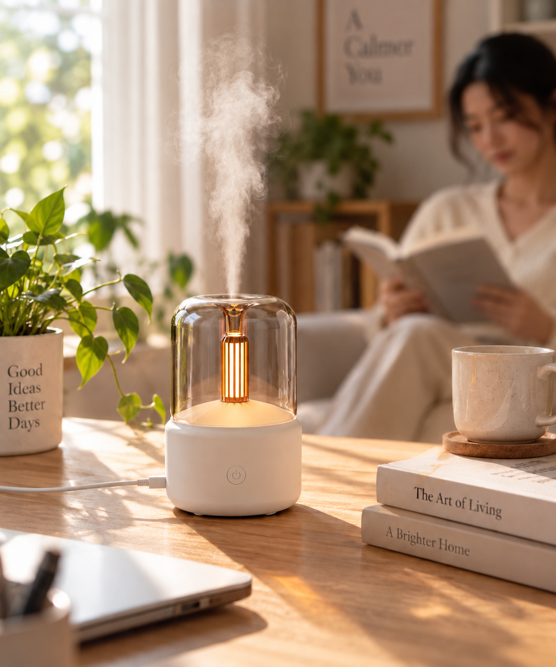 White Amber Glow aroma diffuser in a bright reading space