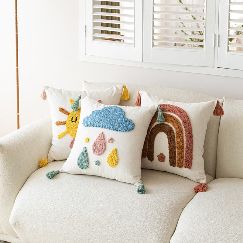 Boho Tufted Cushion Cover with Tassels | Rainbow, Sun, Cloud & Moon | 45×45cm