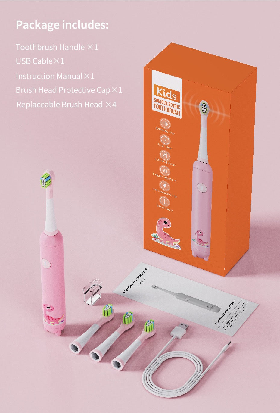 Kids Sonic Electric Toothbrush with Extra Brush Heads