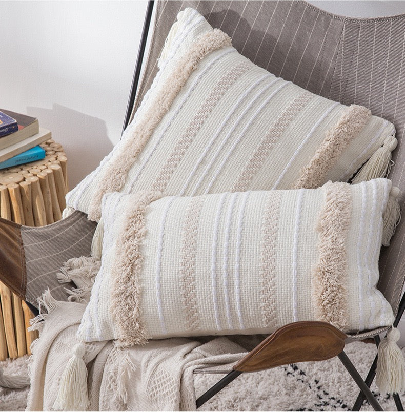 Neutral Boho Tufted Cushion Cover with Tassels
