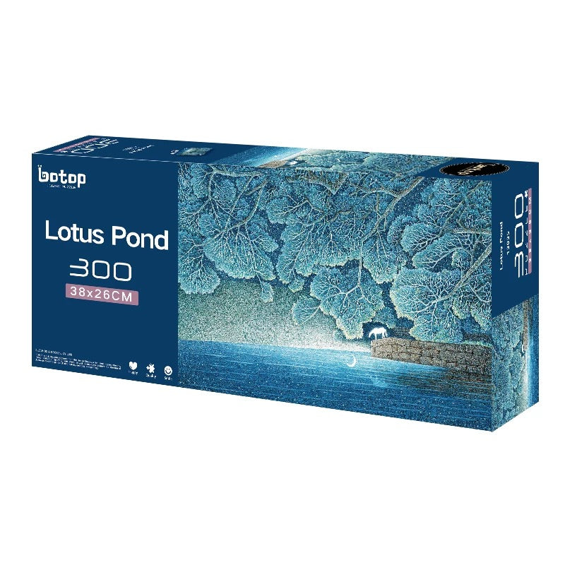 A box of Botop brand premium jigsaw puzzle with glitter coating, featuring an image of lotus pond on the box cover.