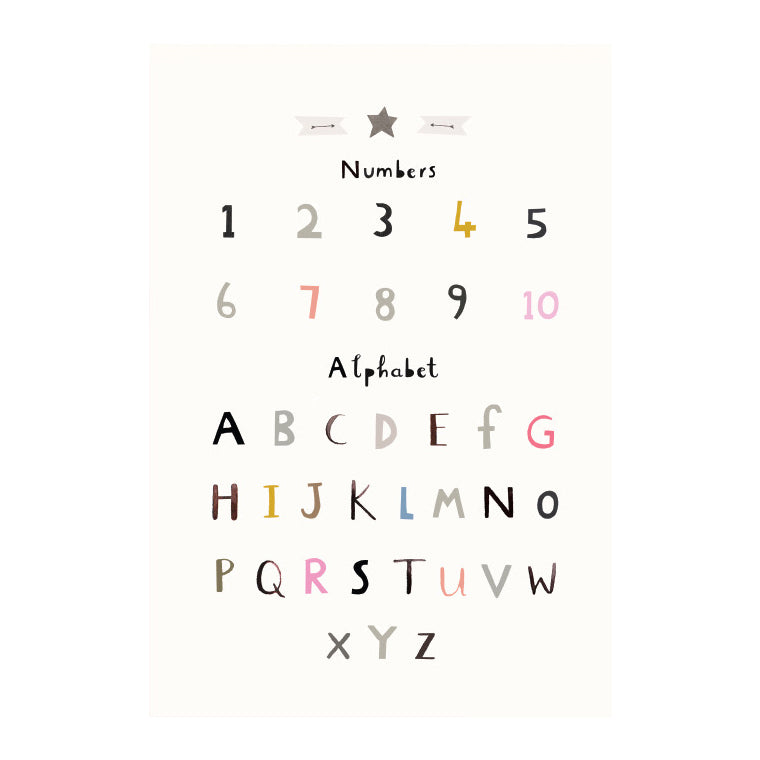 Alphabet and numbers in various colors on a white background