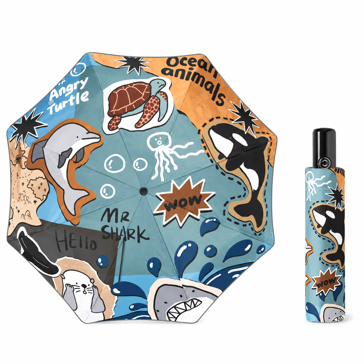 Kids automatic folding umbrella in Ocean Friends sea animal print