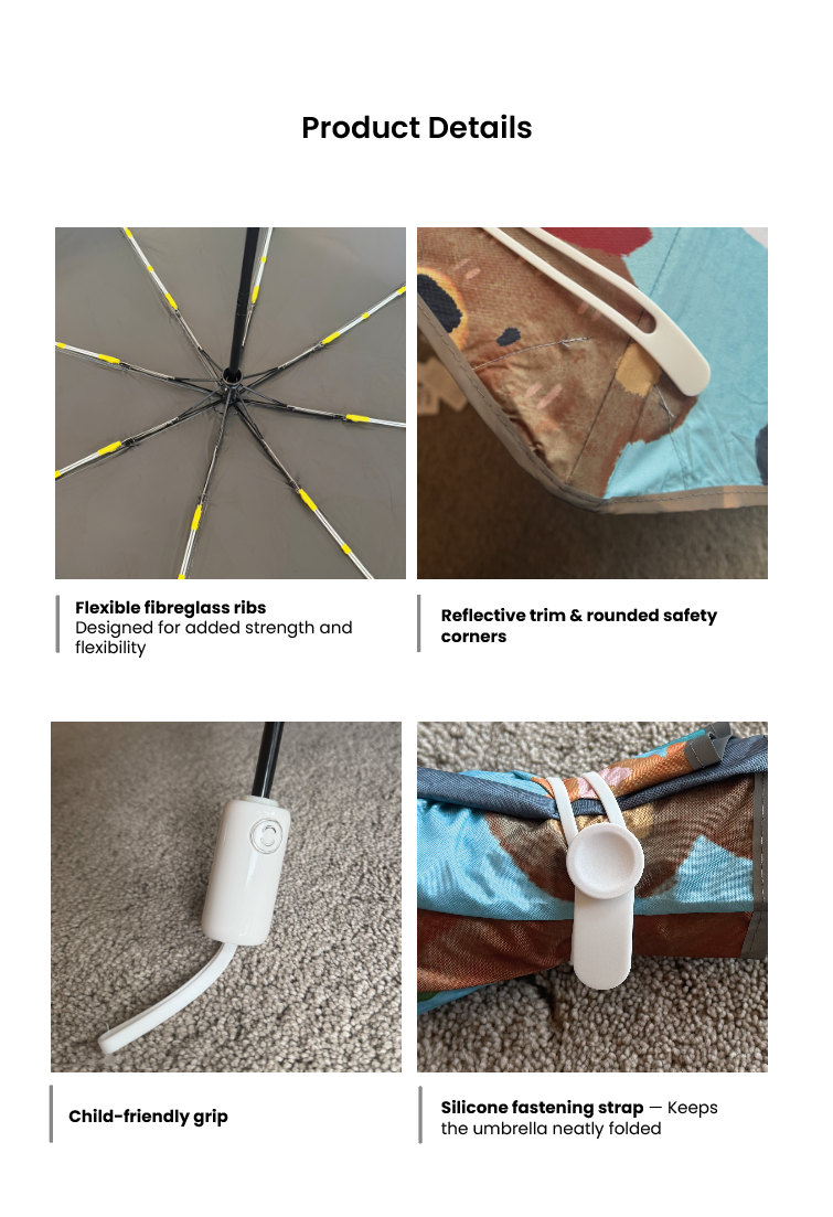 Kids umbrella details with fibreglass ribs, reflective trim, rounded corners and silicone strap