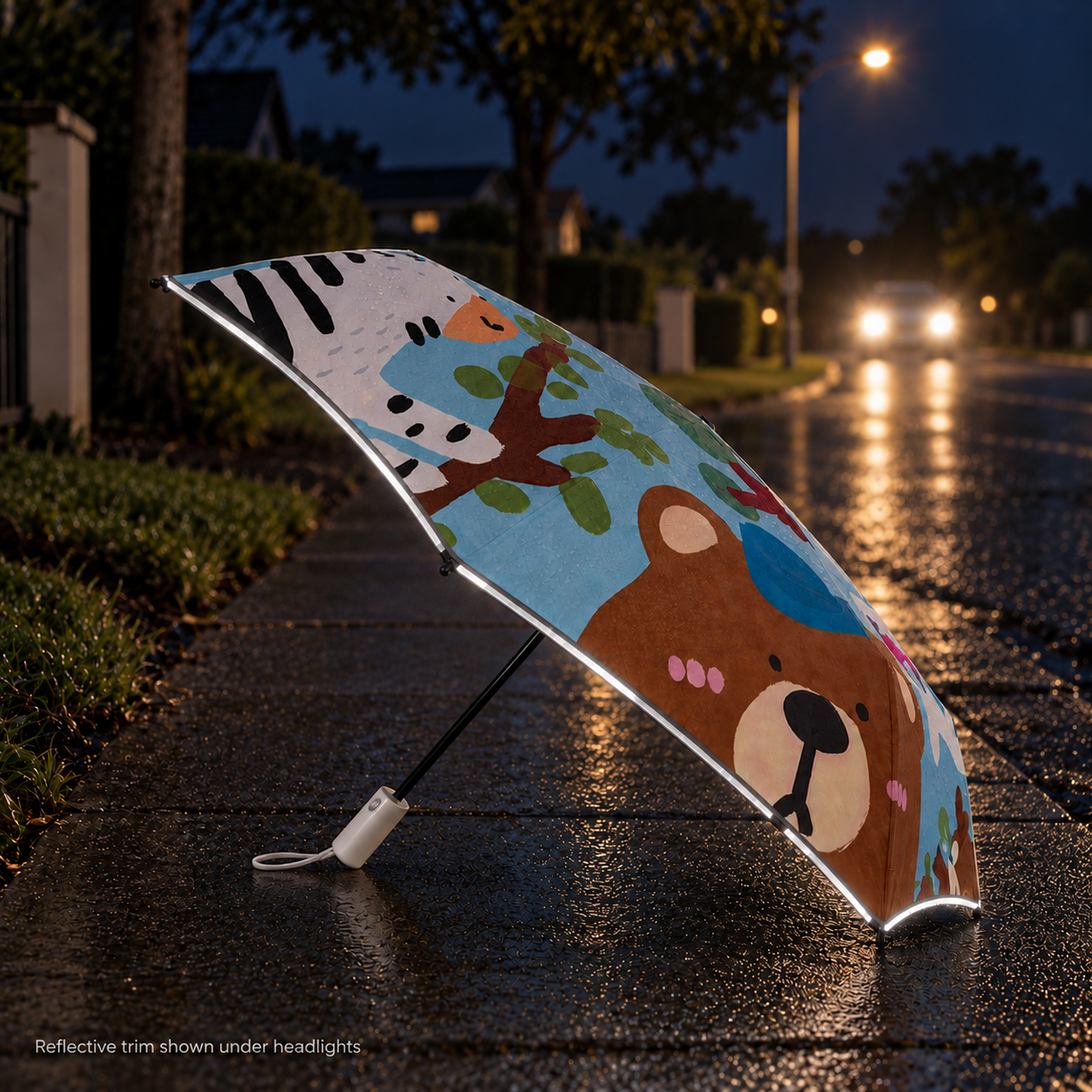 Kids umbrella reflective trim illuminated by car headlights at night