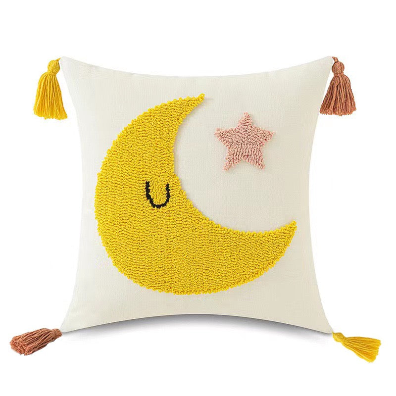 Boho Tufted Cushion Cover with Tassels | Rainbow, Sun, Cloud & Moon | 45×45cm