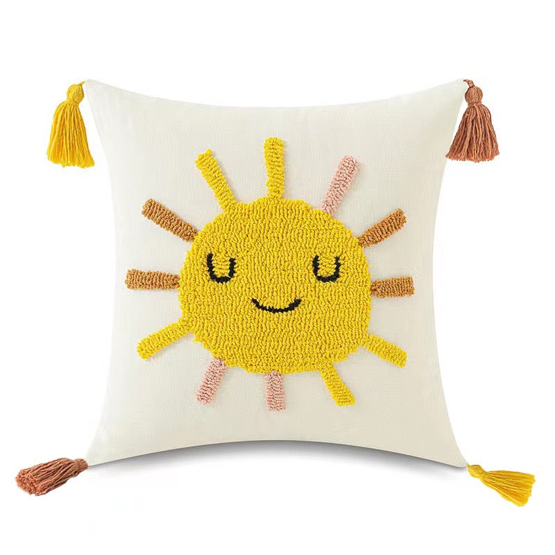 Boho Tufted Cushion Cover with Tassels | Rainbow, Sun, Cloud & Moon | 45×45cm