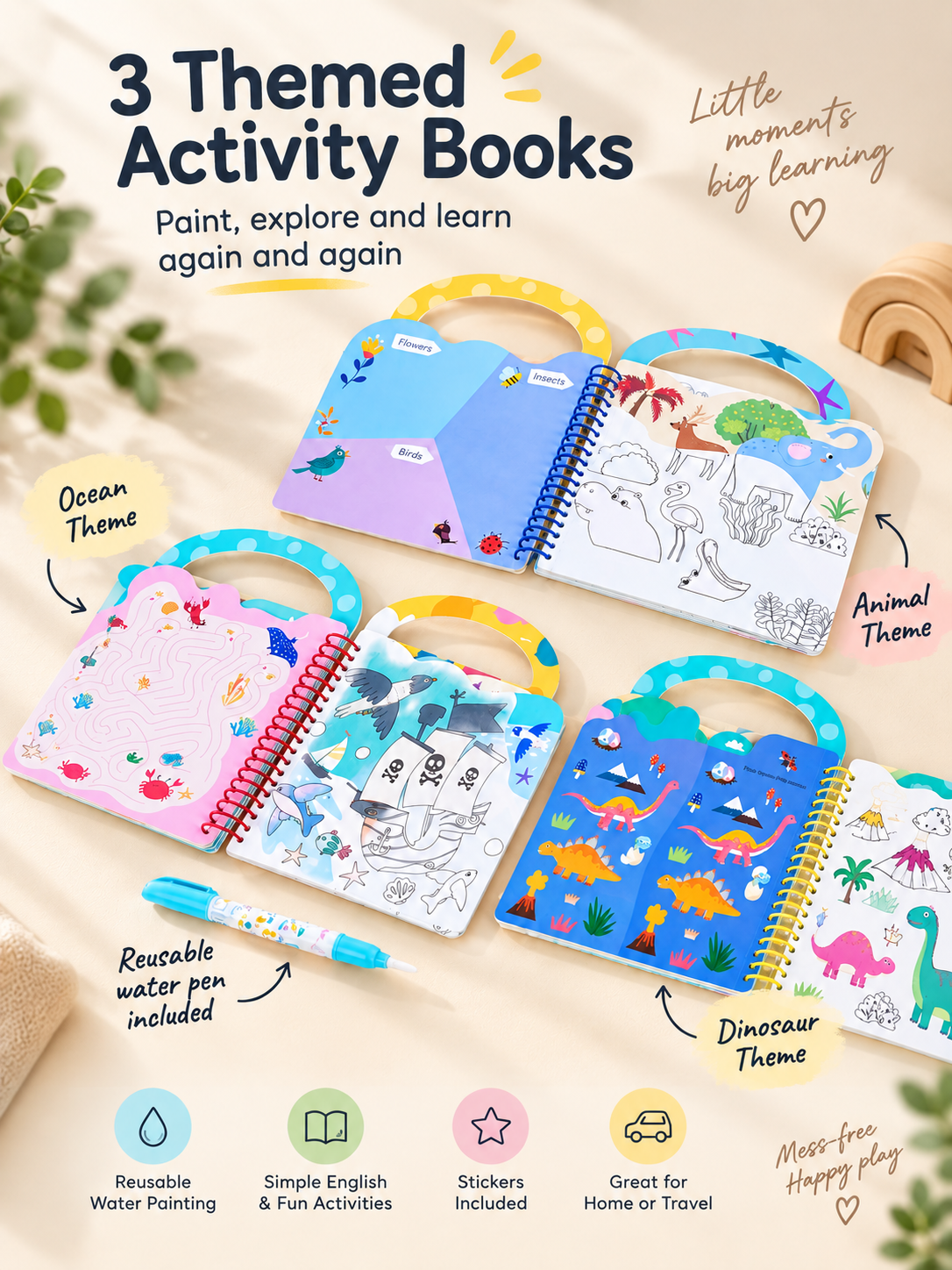 Reusable Magic Water Painting Activity Books – Set of 3