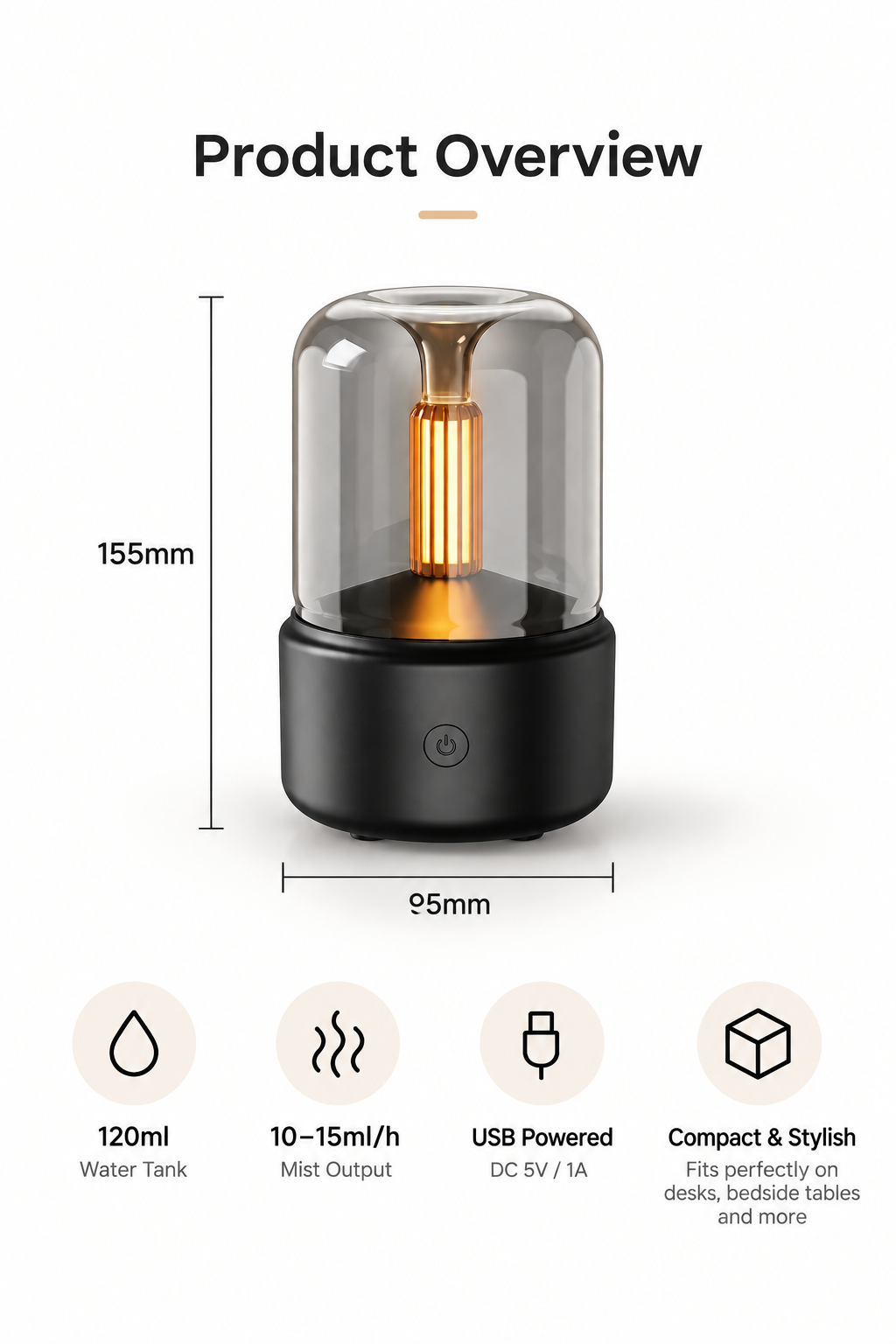 Amber Glow aroma diffuser product overview with size and specifications