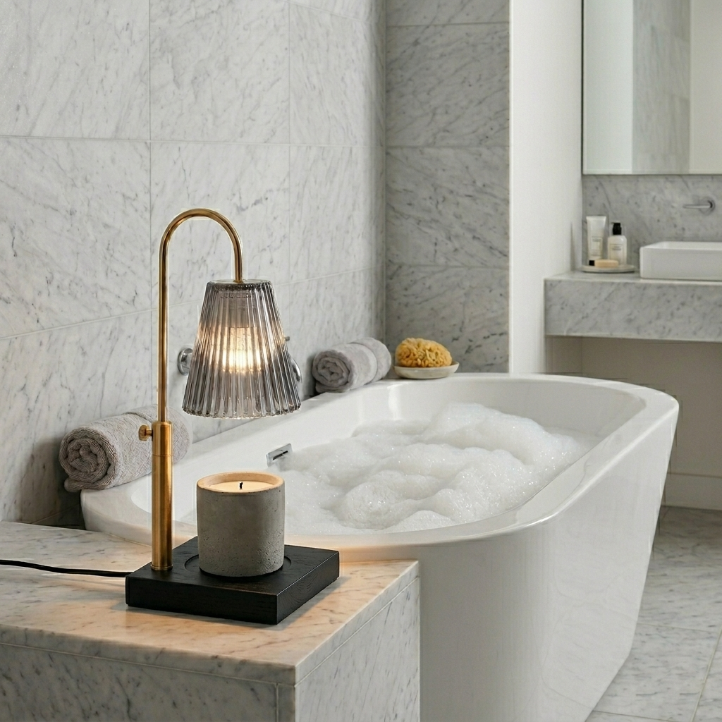 Smoke Grey Pleated Glass Candle Warmer Lamp in bathroom