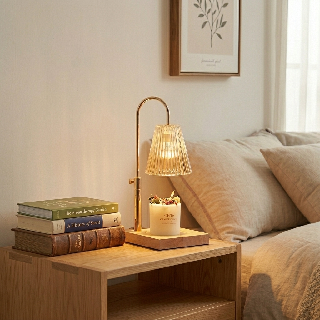 Pleated Glass Candle Warmer Lamp in a cosy bedroom