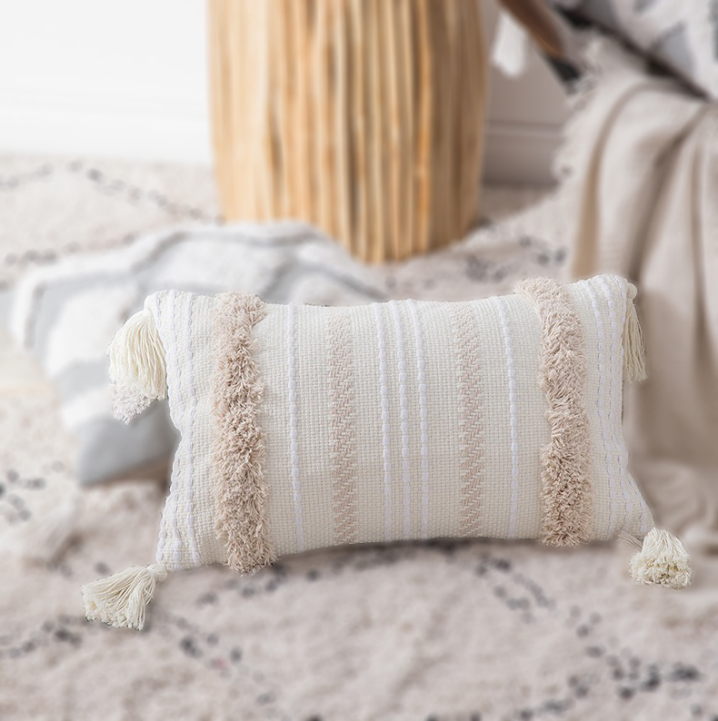Neutral Boho Tufted Cushion Cover with Tassels