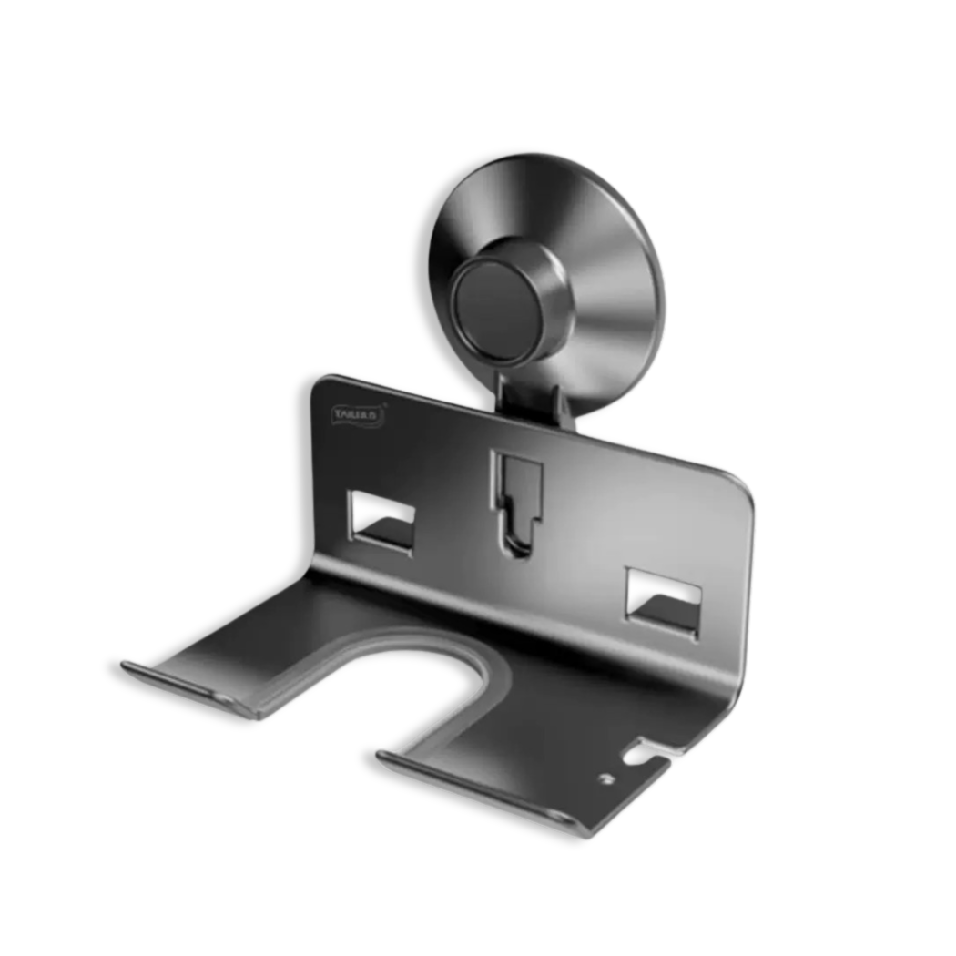 Metallic hairdryer mount with suction cup on a white background