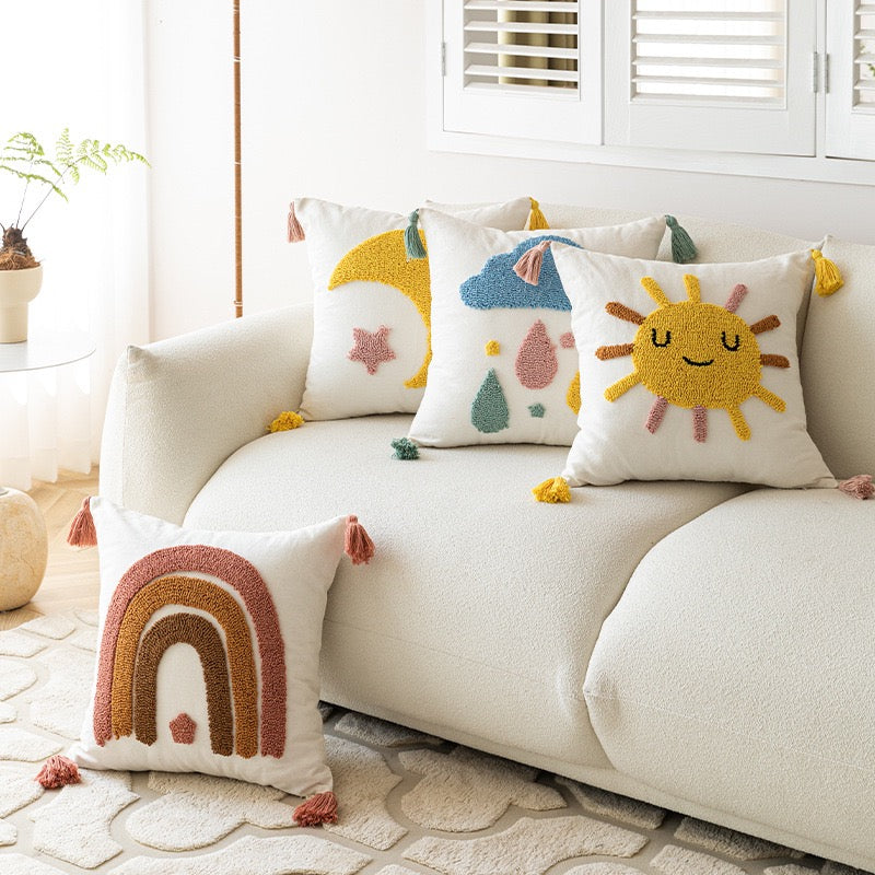 Boho Tufted Cushion Cover with Tassels | Rainbow, Sun, Cloud &amp; Moon | 45×45cm
