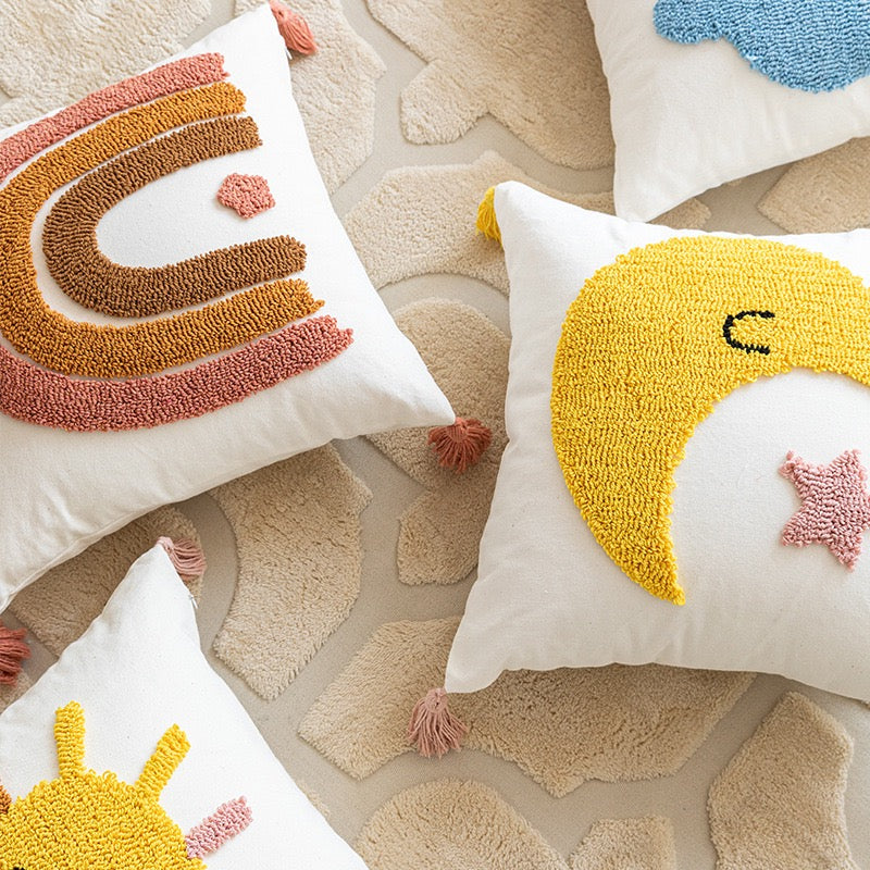 Boho Tufted Cushion Cover with Tassels | Rainbow, Sun, Cloud &amp; Moon | 45×45cm