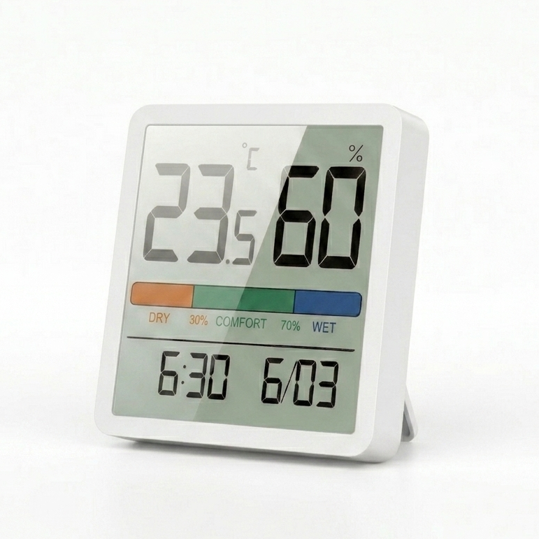 Digital thermometer and humidity meter on a white background