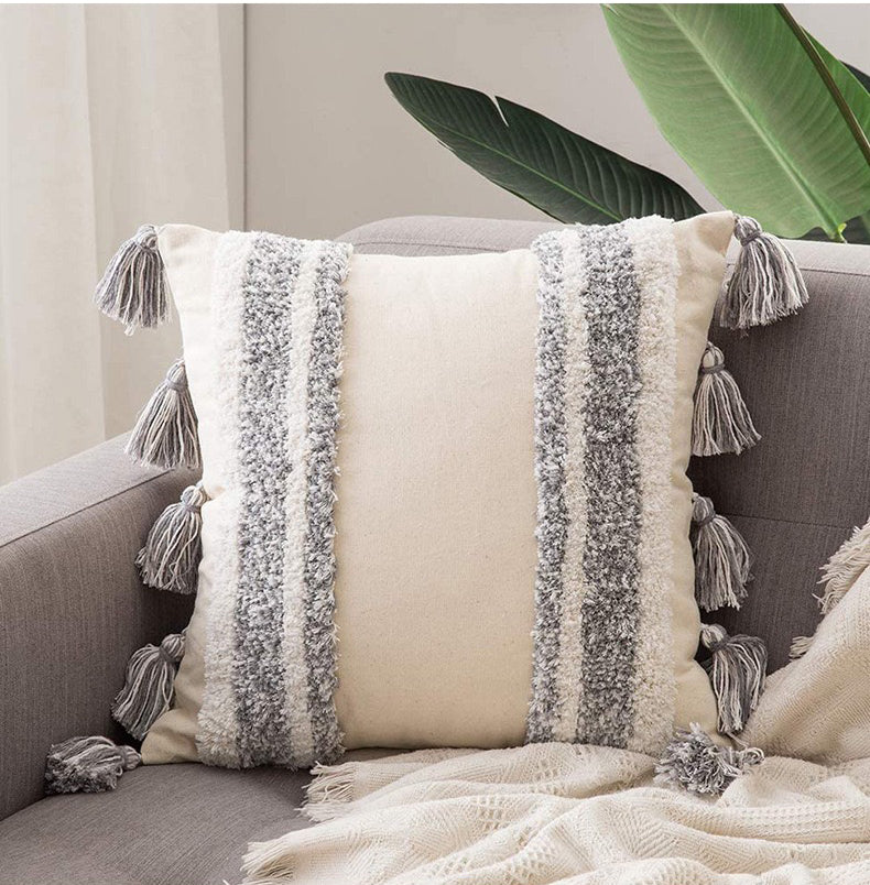 Neutral Boho Tufted Cushion Cover with Tassels