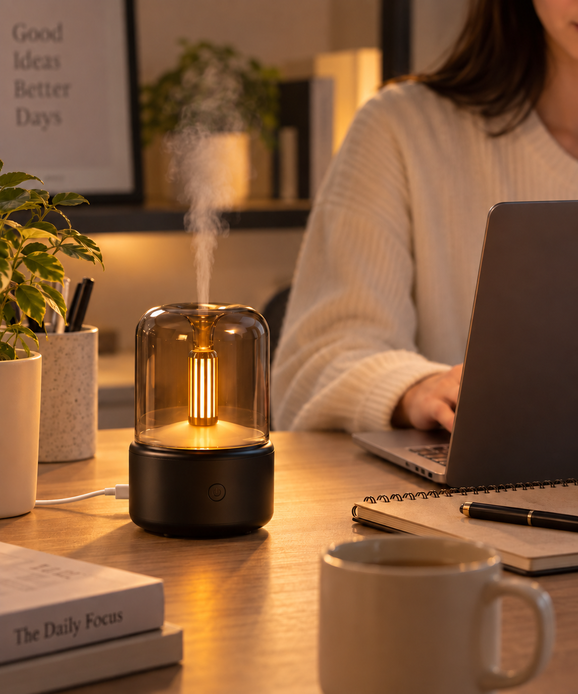 Black Amber Glow aroma diffuser on a home office desk