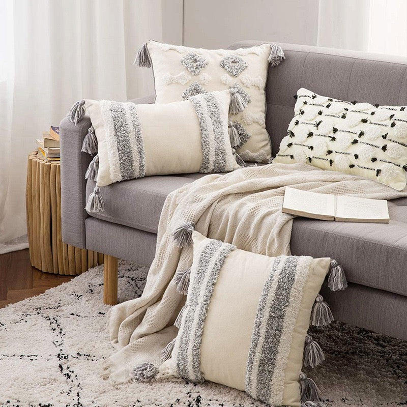 Neutral Boho Tufted Cushion Cover with Tassels