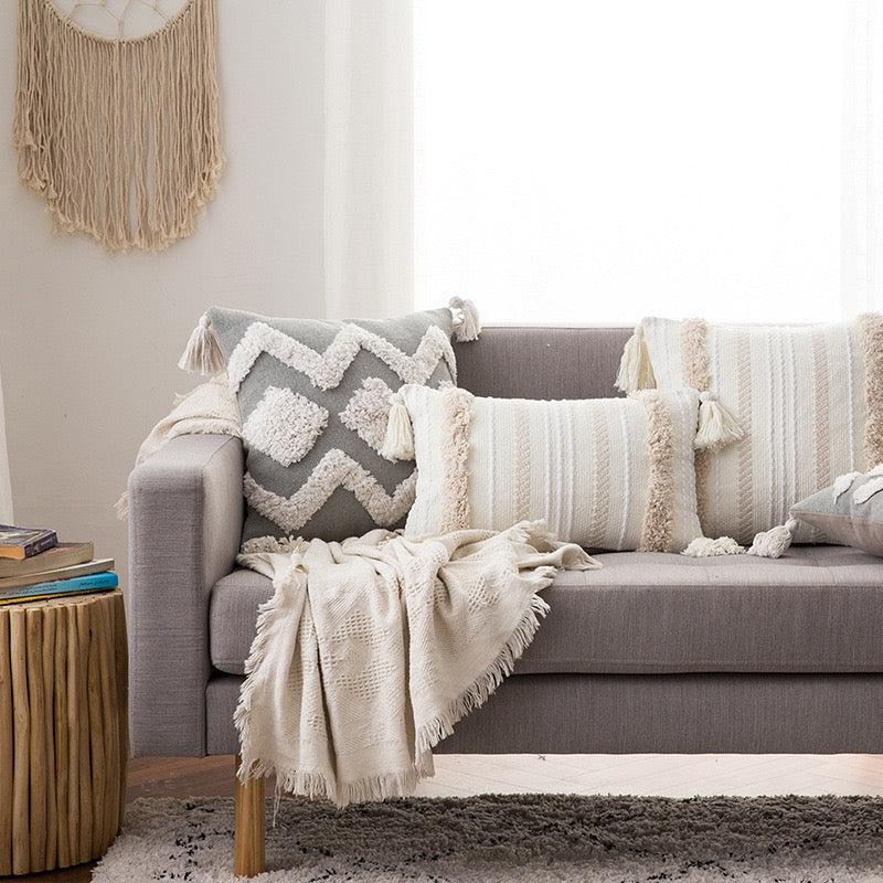 Neutral Boho Tufted Cushion Cover with Tassels