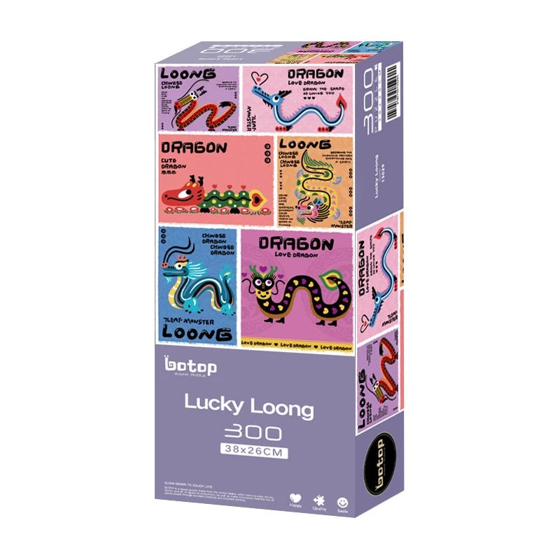 A box of Botop brand premium jigsaw puzzle with glitter coating, featuring  images of  cartoon dragons on the box cover.