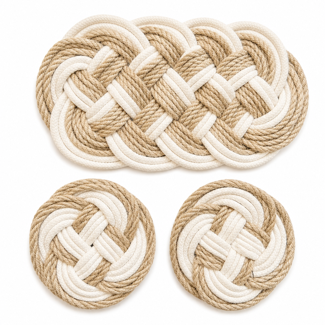 Three woven rope coasters in two sizes with an interlaced braided pattern, shown on a plain white background.
