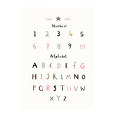 Alphabet and numbers in various colors on a white background