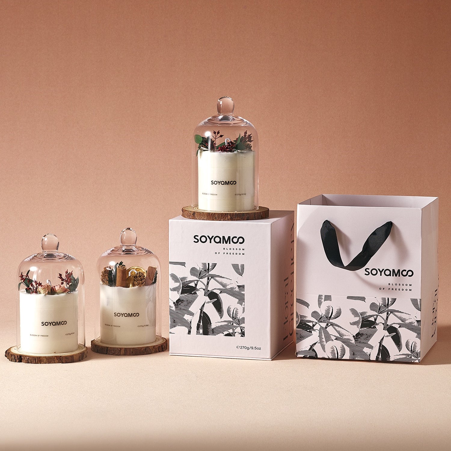 Soy candle gift box with glass cloche and wooden base