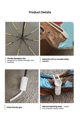 Kids umbrella details with fibreglass ribs, reflective trim, rounded corners and silicone strap