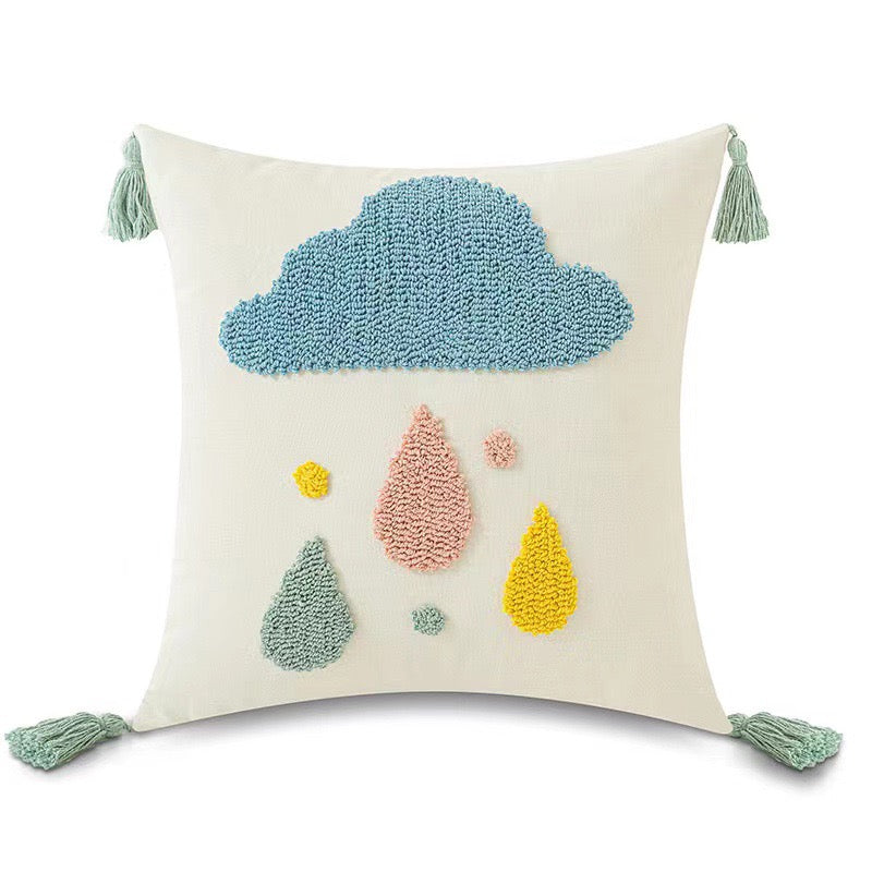 Boho Tufted Cushion Cover with Tassels | Rainbow, Sun, Cloud &amp; Moon | 45×45cm