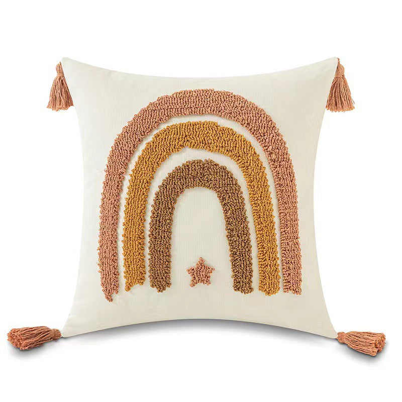 Boho Tufted Cushion Cover with Tassels | Rainbow, Sun, Cloud &amp; Moon | 45×45cm