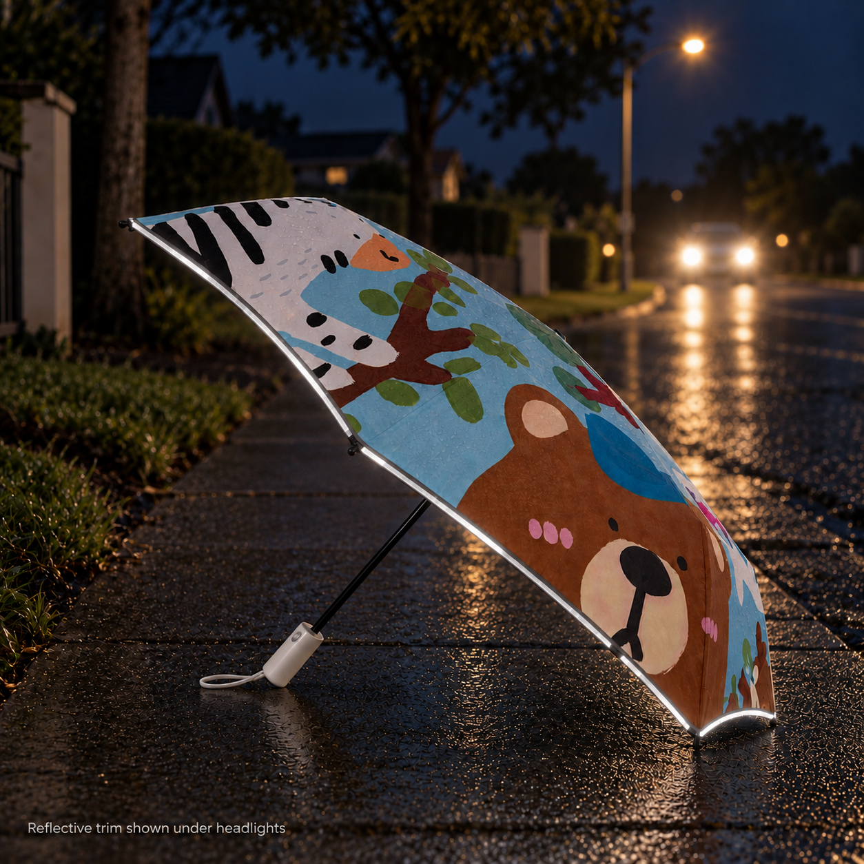 Kids umbrella reflective trim illuminated by car headlights at night