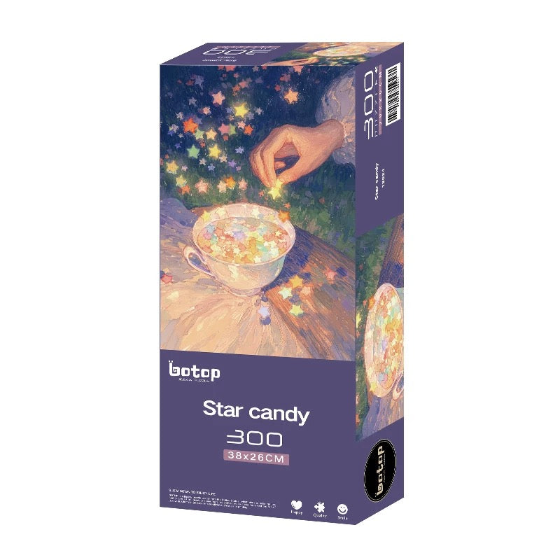 A box of Botop brand premium jigsaw puzzle with glitter coating, featuring an image of star candy on the box cover.