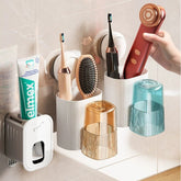 Wall-mounted organizer with various bathroom items including a toothbrush, hairbrush, and electric razor.