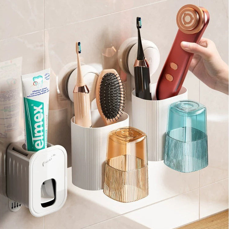 Wall-mounted organizer with various bathroom items including a toothbrush, hairbrush, and electric razor.