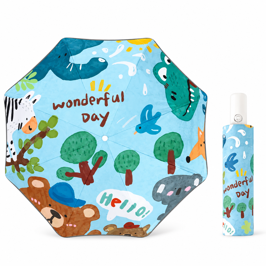 Kids automatic folding umbrella in Woodland Friends animal print