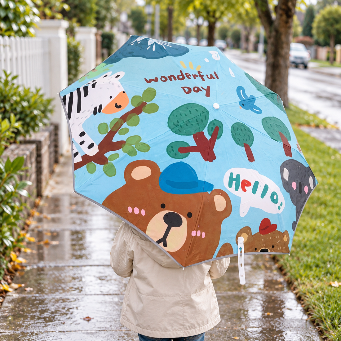Child carrying Woodland Friends automatic folding umbrella on a rainy footpath