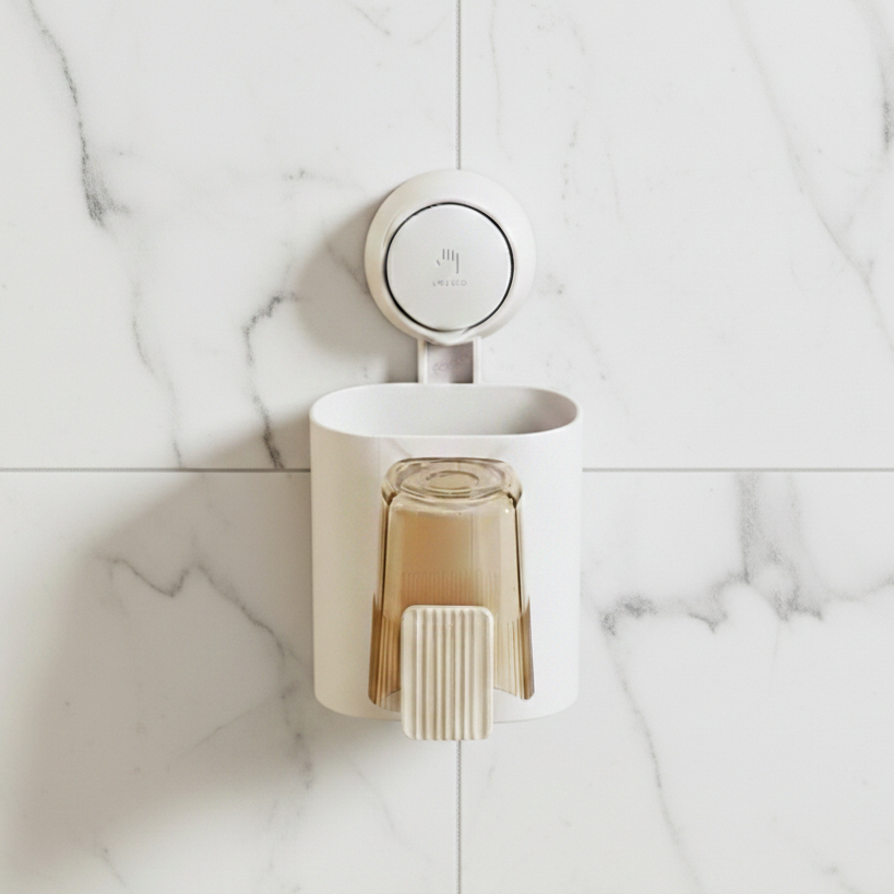 TAILI wall mounted suction toothbrush and cup holder on marble tile wall